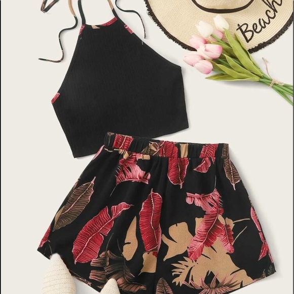 Other - Rib-knit halter top & tropical shirt set